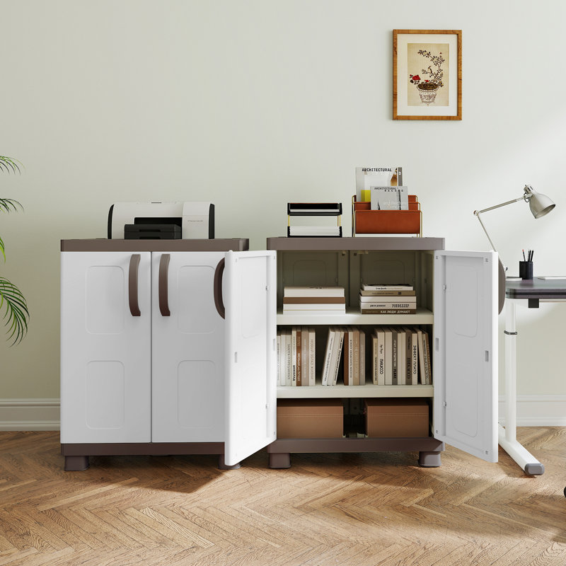 Armoire de rangement, buffet autoportant avec 2 portes et tablettes brun et blanc, Brun et blanc