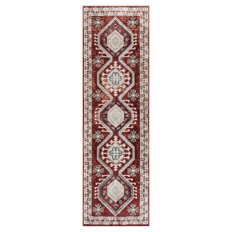 Everwash Treasure Saul Southwest Geometric Machine Washable Area Rug, Red/Navy Blue, Runner 2'2" x 7'2"