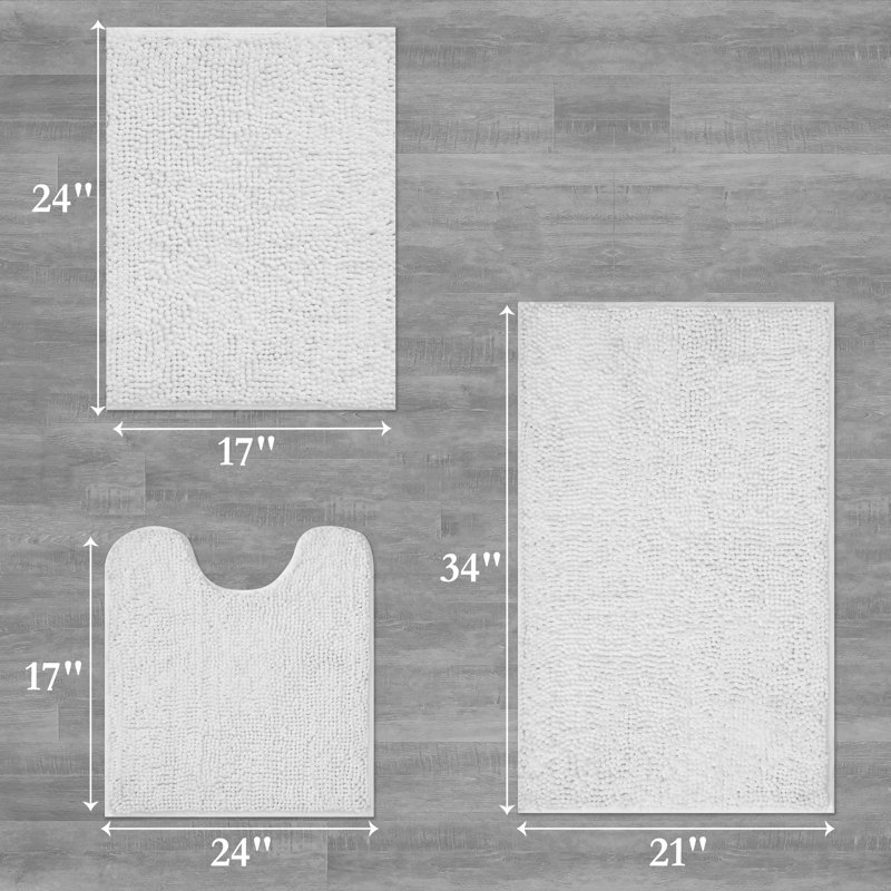 Chenille Super Soft Absorbent Microfiber Non-Slip 3-Piece Bath Rug, White