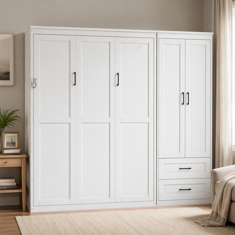 Grand lit escamotable avec garde-robe et tiroirs de rangement, tête de lit tapissier, White