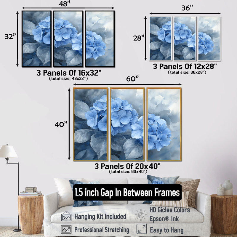 Hydrangeas In Greyscale Garden II - Hydrangea Wall Art Decor - 3 Pieces, H 32 po x l 48 po, Blanc
