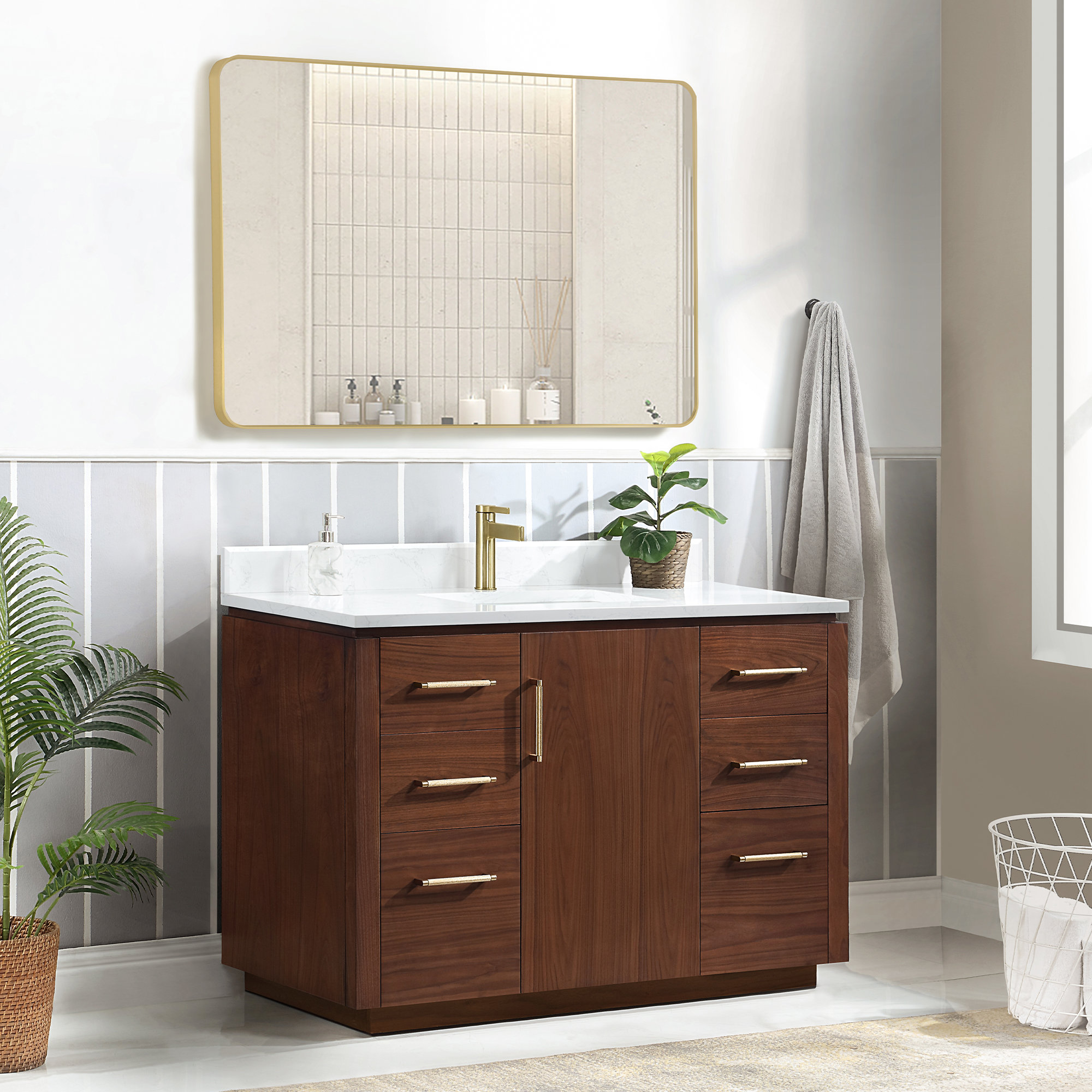 Cloverfield 48'' Single Bathroom Vanity, Gold, Natural Walnut