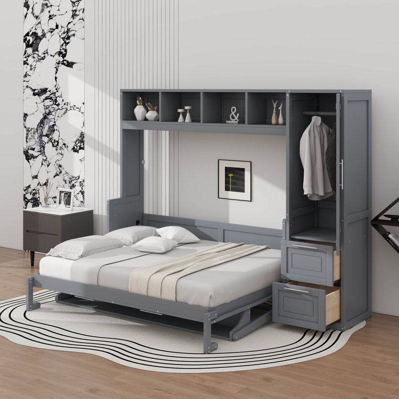 Grand lit escamotable avec placard et tiroirs, Gris