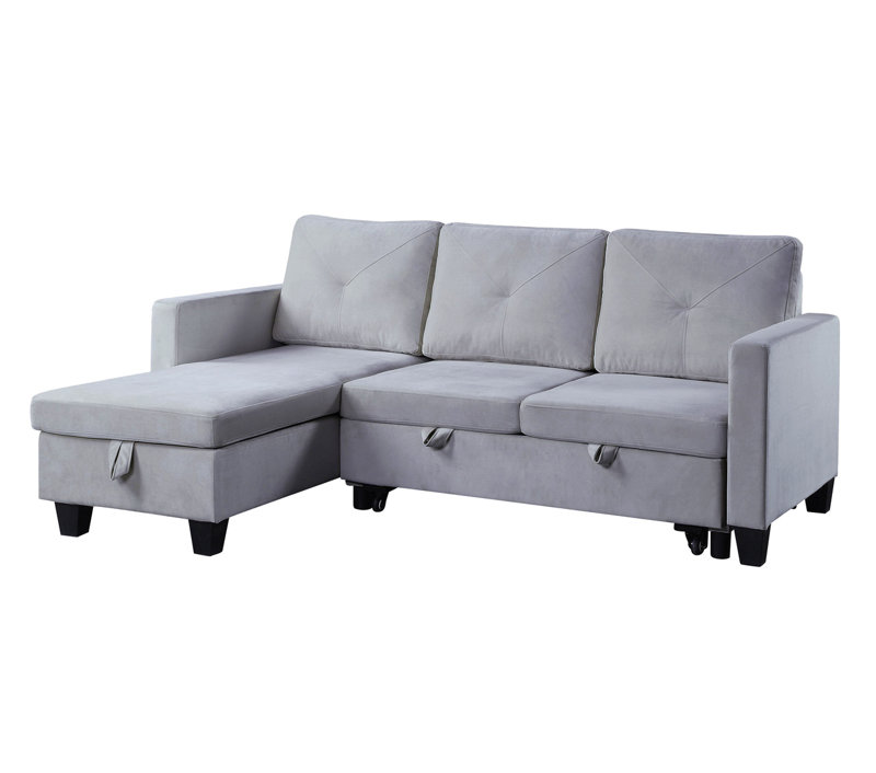 82.5"W Velvet Reversible Sleeper Sectional Sofa With Storage Chaise, Light Gray Velvet
