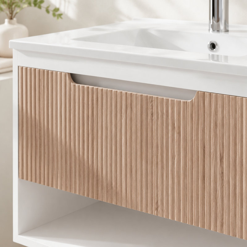 Meuble sous-vasque suspendu de 76 cm (30 po) seulement, meuble-lavabo mural moderne en MDF avec tiroir cannelé et étagère ouverte, blanc/chêne