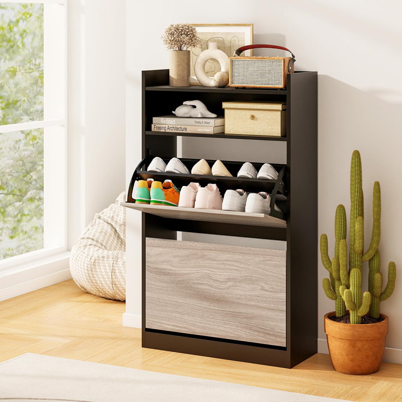 12 Pair Shoe Storage Cabinet, Black/Oak Grey