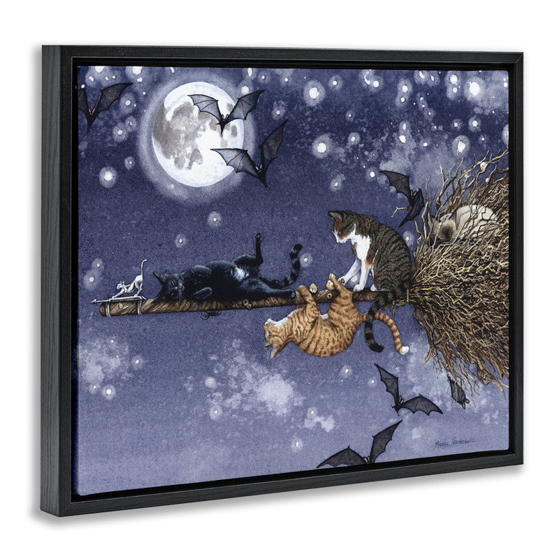 «Joyriding Cats on Broom», art mural encadré par Maggie Vandewalle, H 25 po x l 31 po, Cadre flottant noir de jais