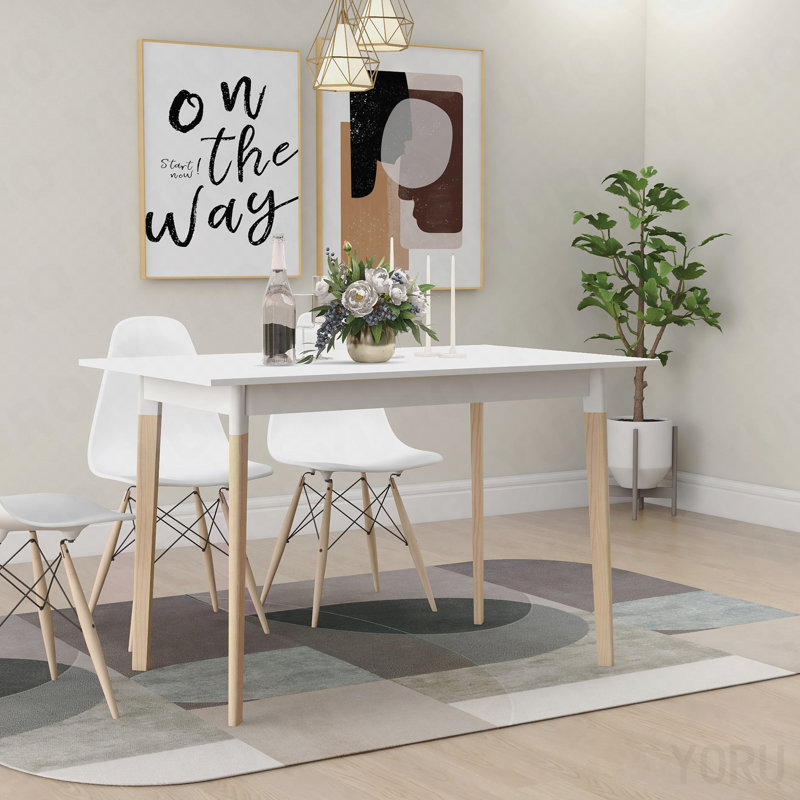 Modern Dining Table 47 Inch Kitchen Table Rectangular Top With Solid Wood Leg - White