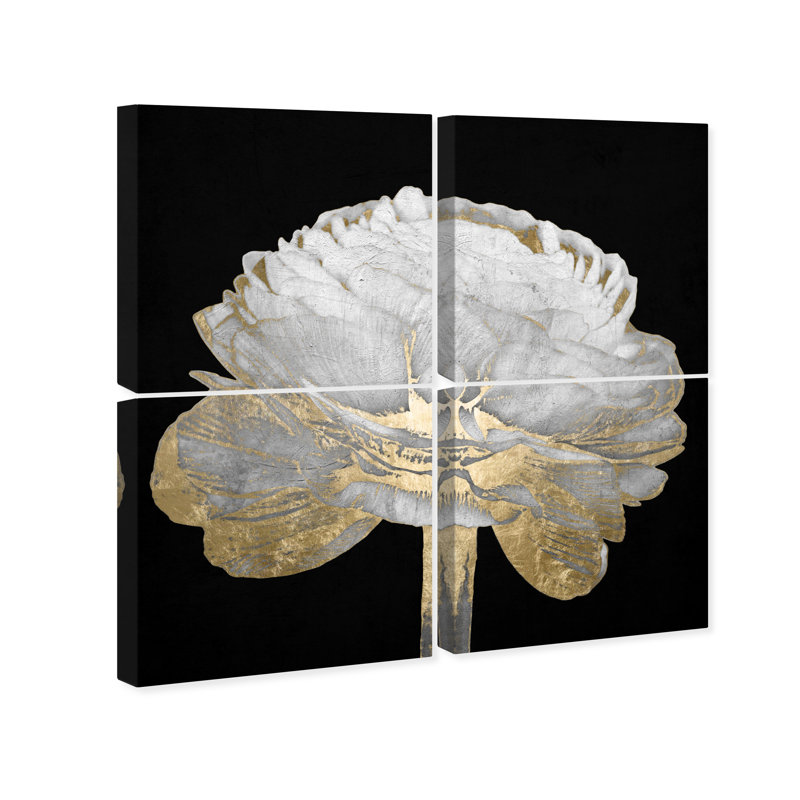 Élégante pivoine, ensemble d'art mural sur toile blanc / or / noir pour salon