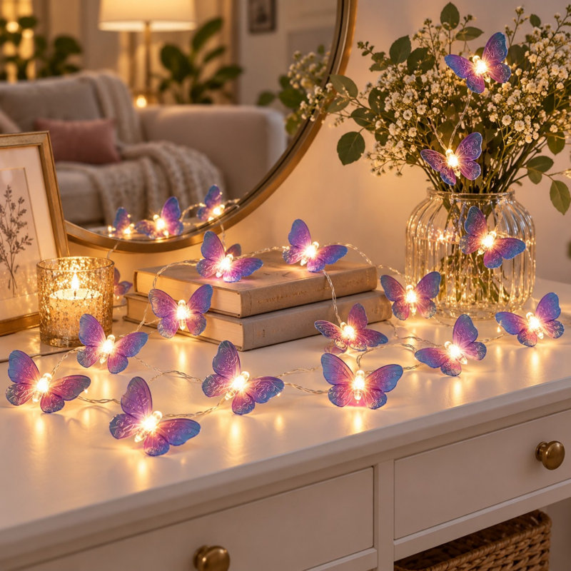 Guirlande lumineuse papillon violette de 3 mètres avec 20 DEL alimentées par piles
