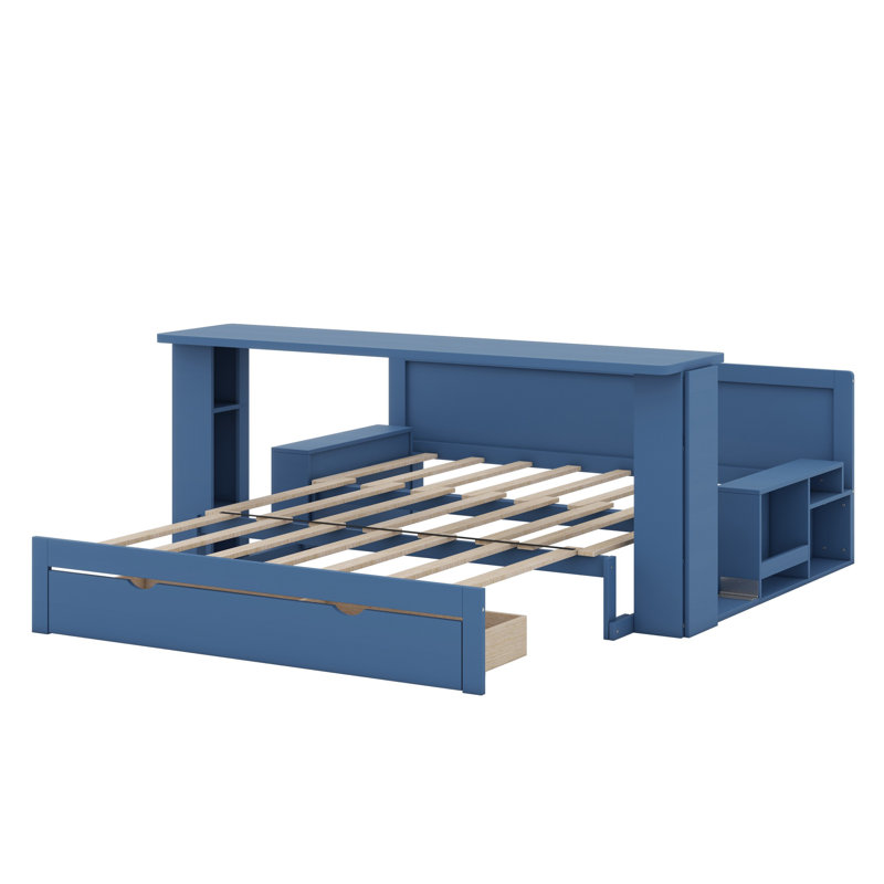 Daybed With Removable Desk, Storage Drawers & Hydraulic Side Table, Blue