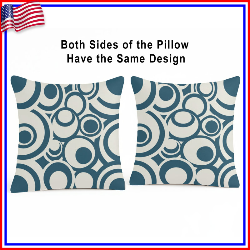 Modern Circles Geometric Linen Throw Pillow, 16 x 16 inches, Teal Grey and Off White
