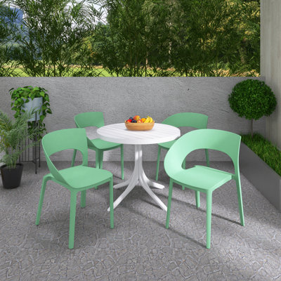 5 Piece Patio Dining Set For Indoor & Outdoor Use, Four Polypropylene One-Piece Design Side Chairs, 36 Inch Modern White Round Polypropylene Table