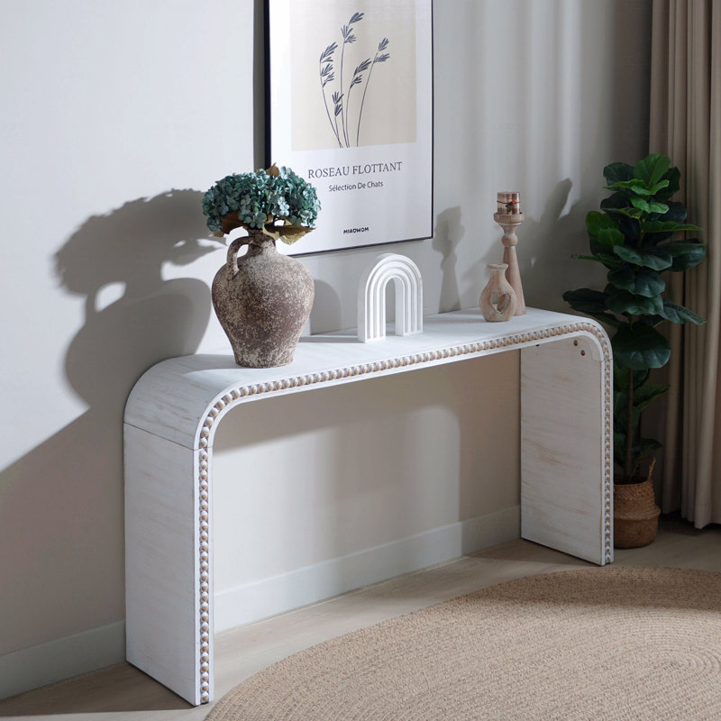 Console blanc délavé, table d'entrée de 59 po, table de style cascade courbée avec perles de bois, table d'entrée pour vestibule, couloir, salon, vestibule, couloir, bureau