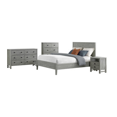 Ensemble de chambre à coucher 4 pièces Arden - très grand lit, table de chevet 2 tiroirs, commode 5 tiroirs, commode double 6 tiroirs, bois de pin massif, finition bois de grève clair, rangement spacieux, style rustique moderne