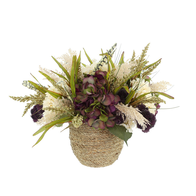 Fall Arrangement with Hydrangeas and Wheat in Rope Pot, Purple