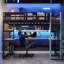 Lit mezzanine simple en bois avec bureau, étagère de rangement latérale, tablettes multiples et lumière RVB, bleu nuage-407936275-407936273