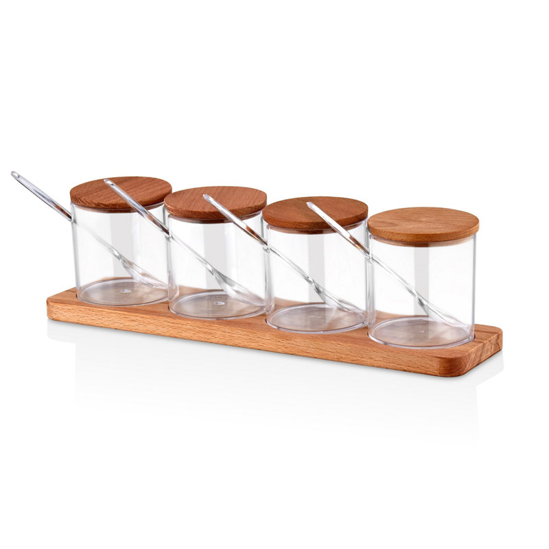 Spice Jar & Kitchen Shelf Set (4 Jars + 1 Stand), BPA-Free Plastic & Wooden Design, Jar Size: 2.8 x 2.8 x 4.7 inches | Stand Size: 13.0 x 3.5 x 4.7 inches | Dishwasher Safe, Ideal for Organizing Spices & Enhancing Kitchen Decor