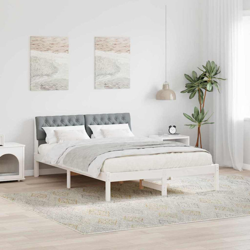 Solid Wood Bed Frame, White/Light Grey