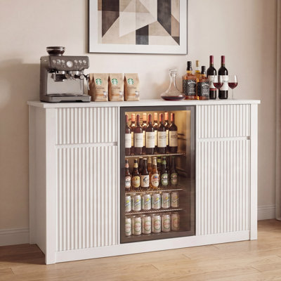 Coffee Bar Cabinet With Mini Fridge Space, White Modern Wine Bar Cabinet For Kitchen & Dining Room，55.1"W