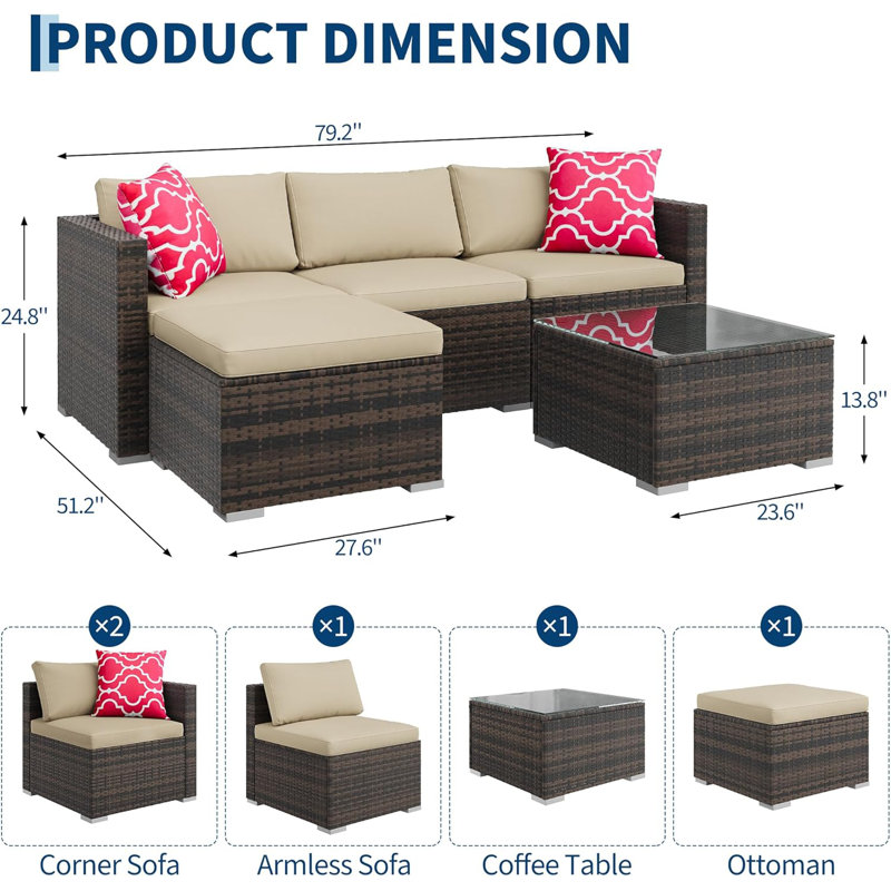 5-Piece Outdoor Patio Sectional Set with Ottoman & Tempered Glass Table, Convertible PE Rattan Sofa Set, All-Weather Garden, Backyard, Porch, and Poolside Furniture