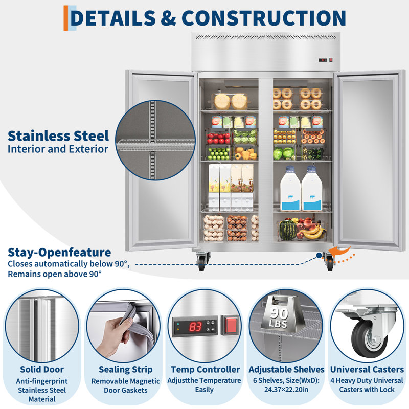 48" W Commercial Refrigerator 35-45°F,Reach-in 36 Cu.ft 2 Door Stainless Steel Commercial Refrigerator Fan Cooling,6 Adjustable Shelves, Auto Defrost, LED Light,for Restaurant,Bar,Kitchen,Shop
