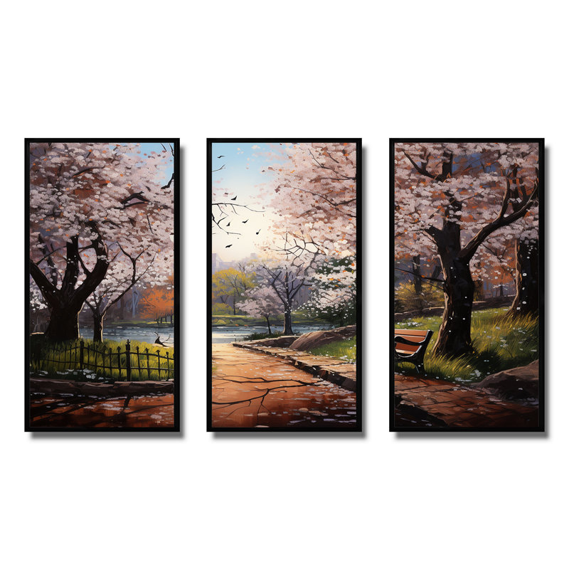 «Pink Springtime Park Floral Canopy I», art mural sur toile, H 28 po x l 36 po x P 1 po, Cadre flottant noir