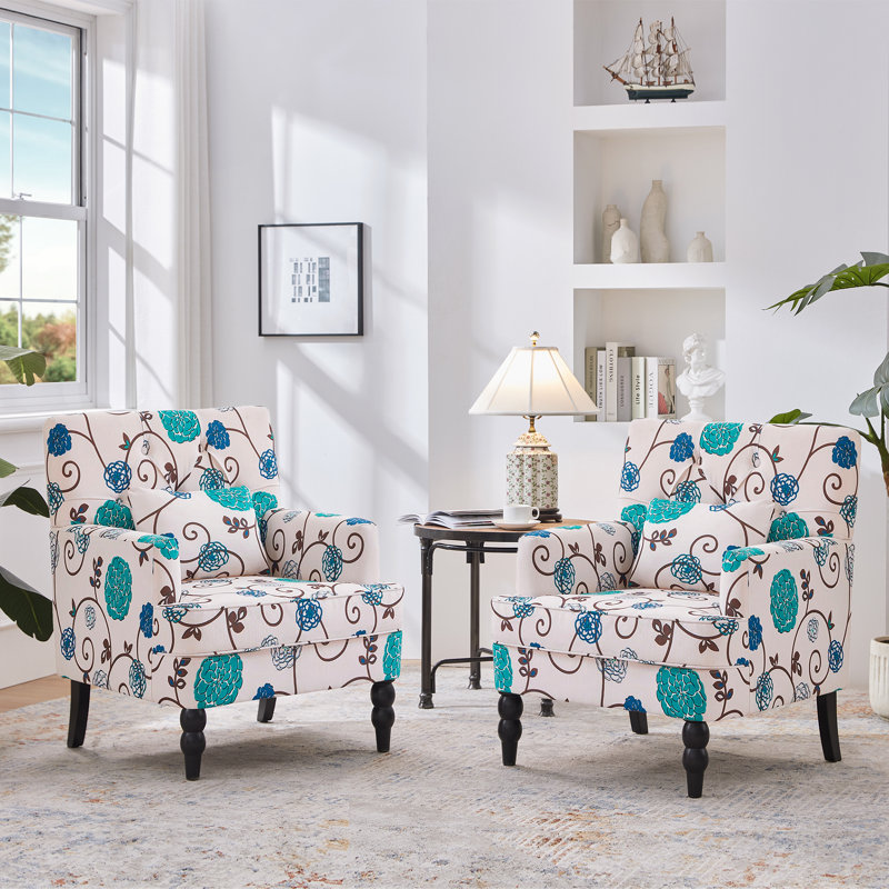Arnice 29" W Button Tufted Upholstered Club Chair with Nailhead Trim (Set of 2), Blue Pattern Polyester Blend