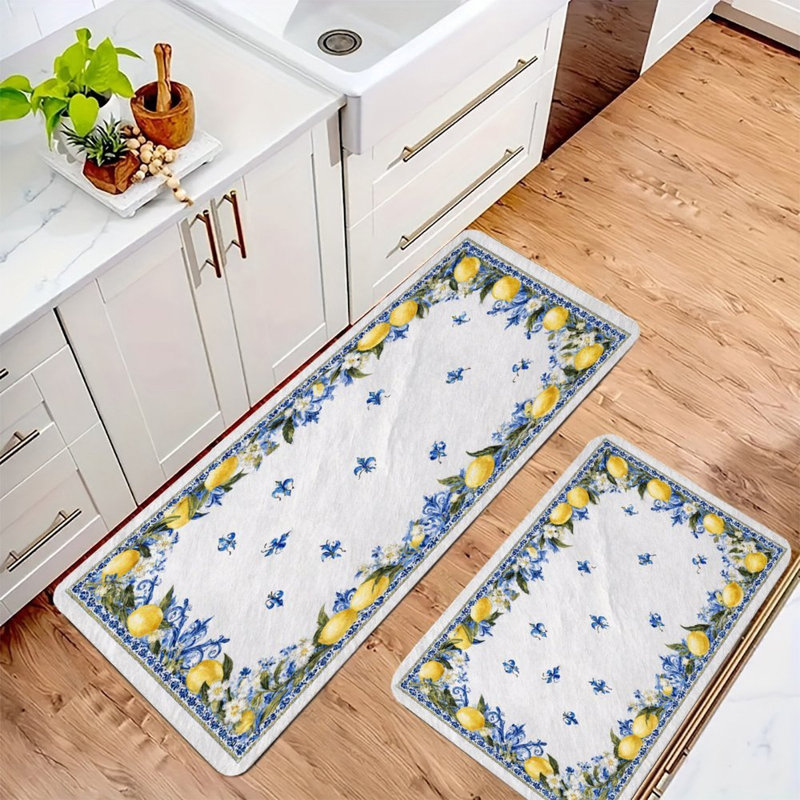 Tapis de cuisine antidérapant à bordure en carreaux de citron, 2 pièces