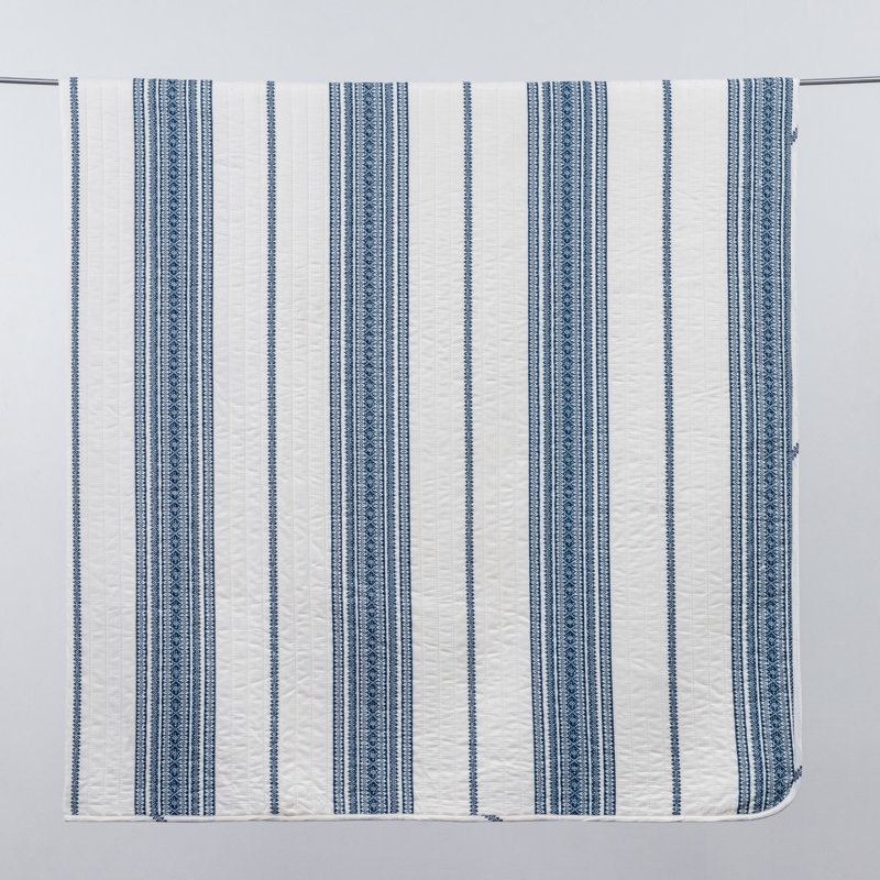 Twin White and Navy Striped Microfiber Reversible Quilt Set