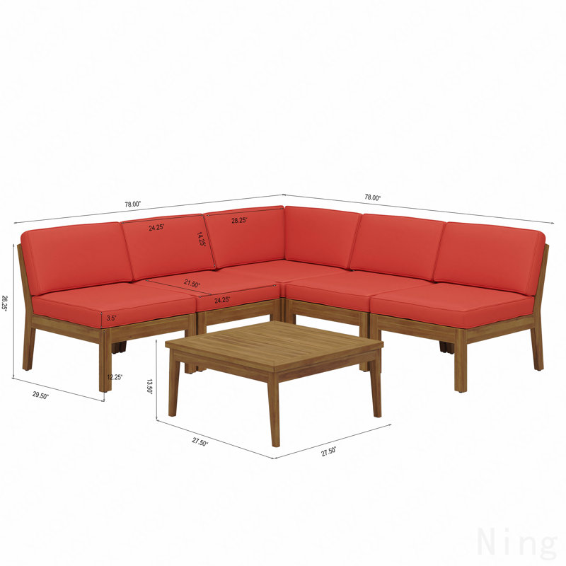 Ensemble de canapé modulaire sans accoudoirs en bois d'acacia 5 places Grenada, teck + rouge