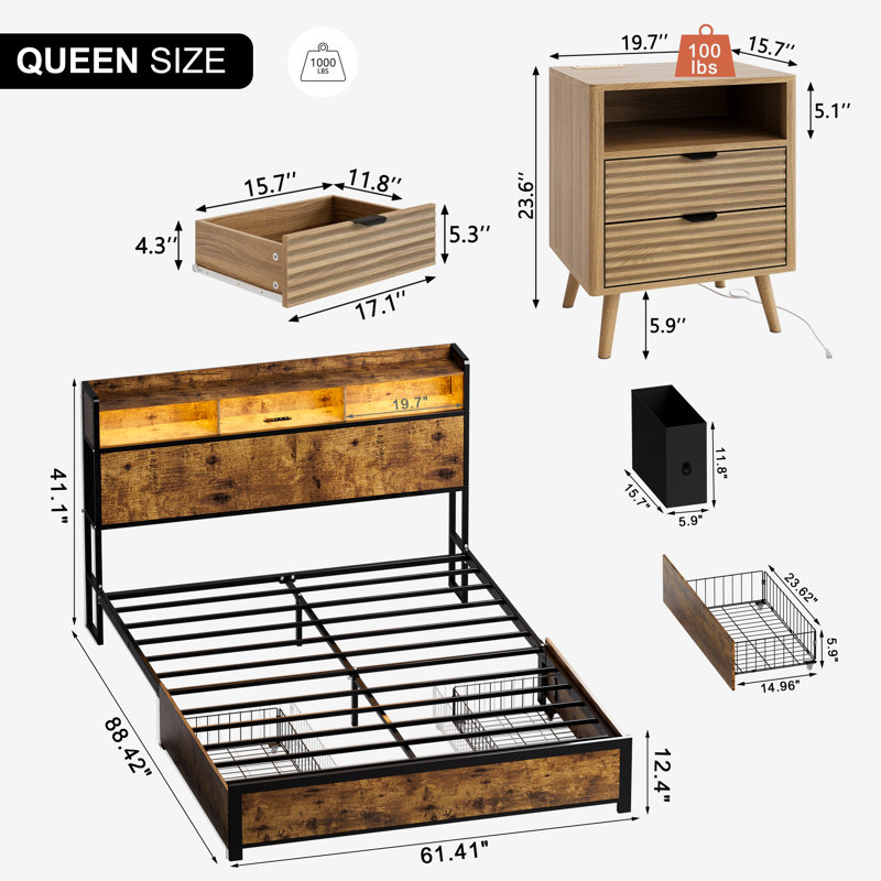 3 Piece Bedroom Sets, Modern Bed With 2 Drawers& 2 Wave Nightstand, Brun / Naturel, Grand lit
