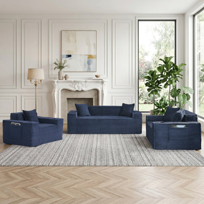 3-Piece Modern Boneless Living Room Set With Loveseat, Armchair And Sofa
