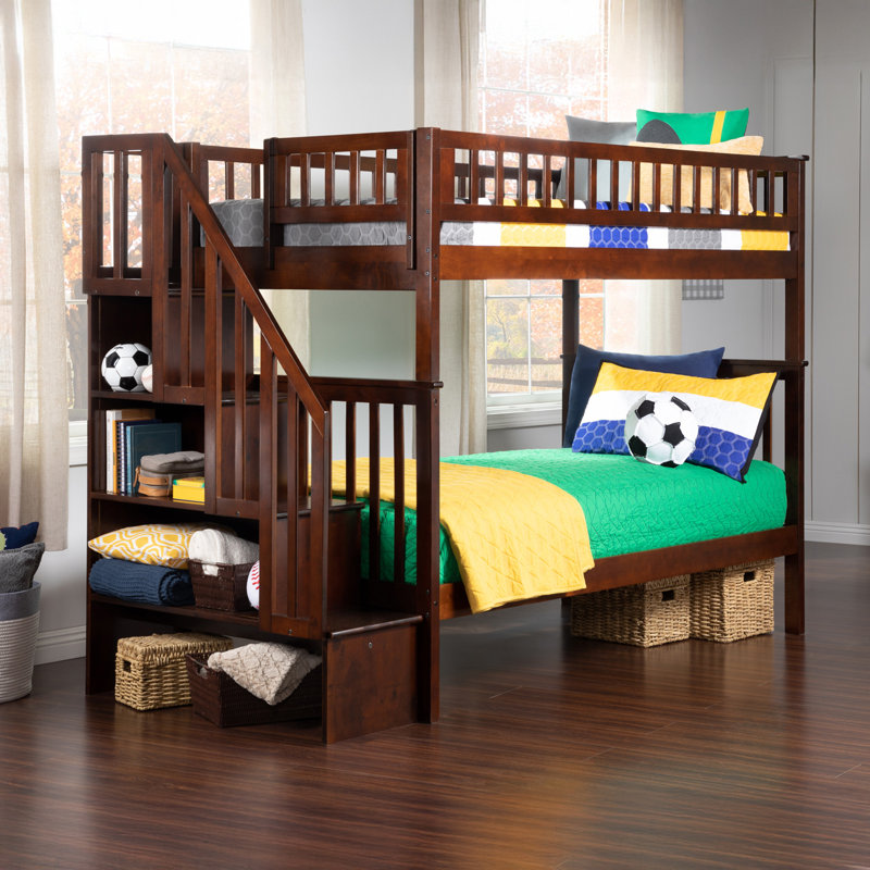 Ilariana Heavy Duty Kids Staircase Bunk Bed, Twin Over Twin, Walnut