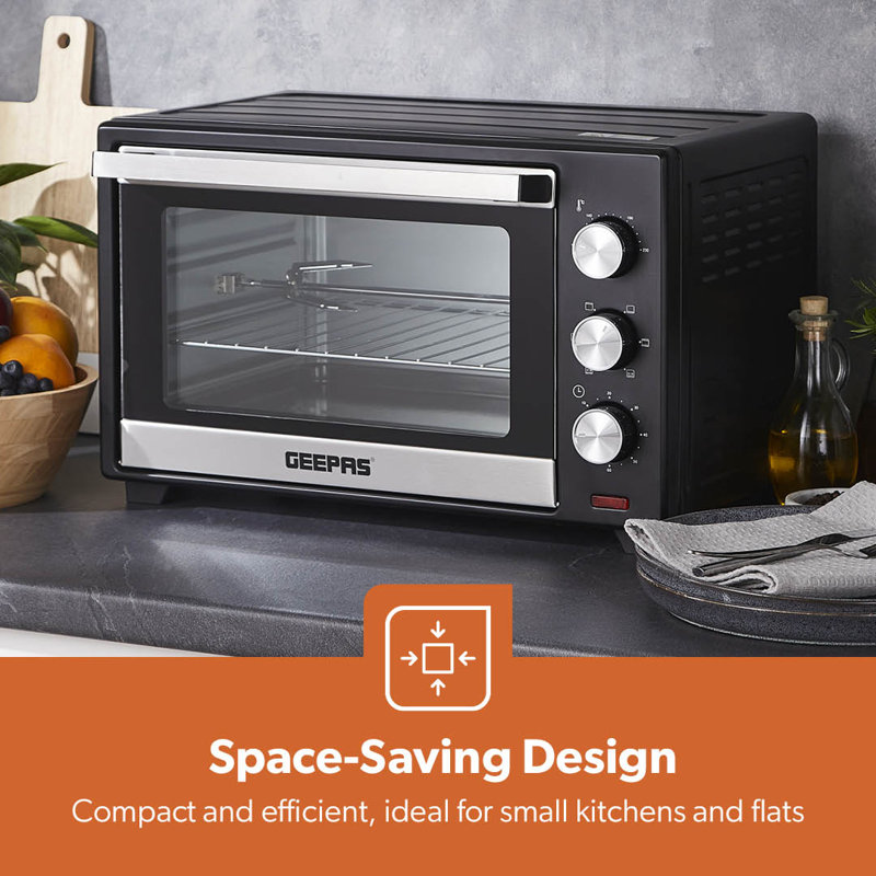 GEEPAS Mini Oven & Grill Rotisserie Baking Roasting & Grilling 1600W Temp Control 100–230°C Double Glass Door 60min Timer Auto Shut Off Bell
