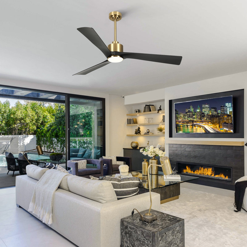 Karlena 60'' Modern Large Dimmable Ceiling Fan with Led Light and Remote, APP, TIimer, Memory, Gold/Matte Black
