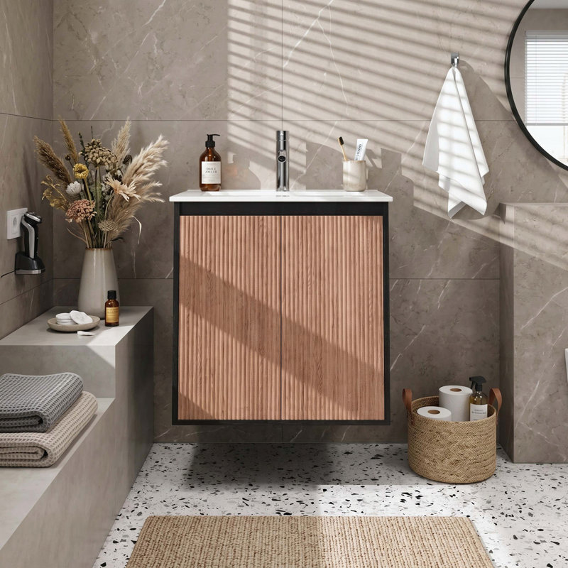 Meuble-lavabo sur pied ou mural avec lavabo et bonde escamotable, pieds réglables en hauteur, portes à fermeture douce et tablette réglable, noyer et noir