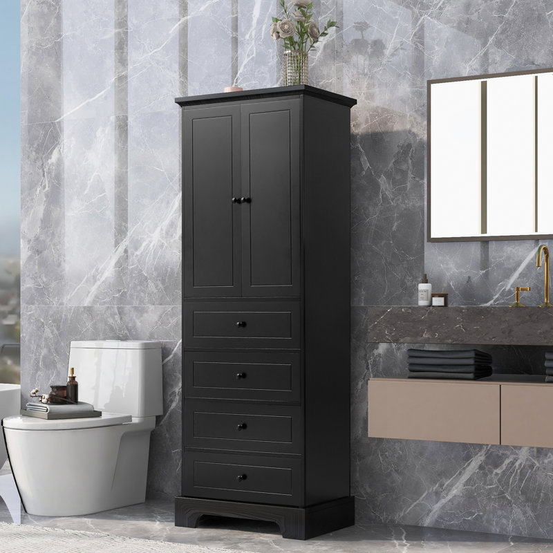Storage Cabinet With 2 Doors And 4 Drawers, Adjustable Shelf, Ideal For Bathroom And Office Organization, Black