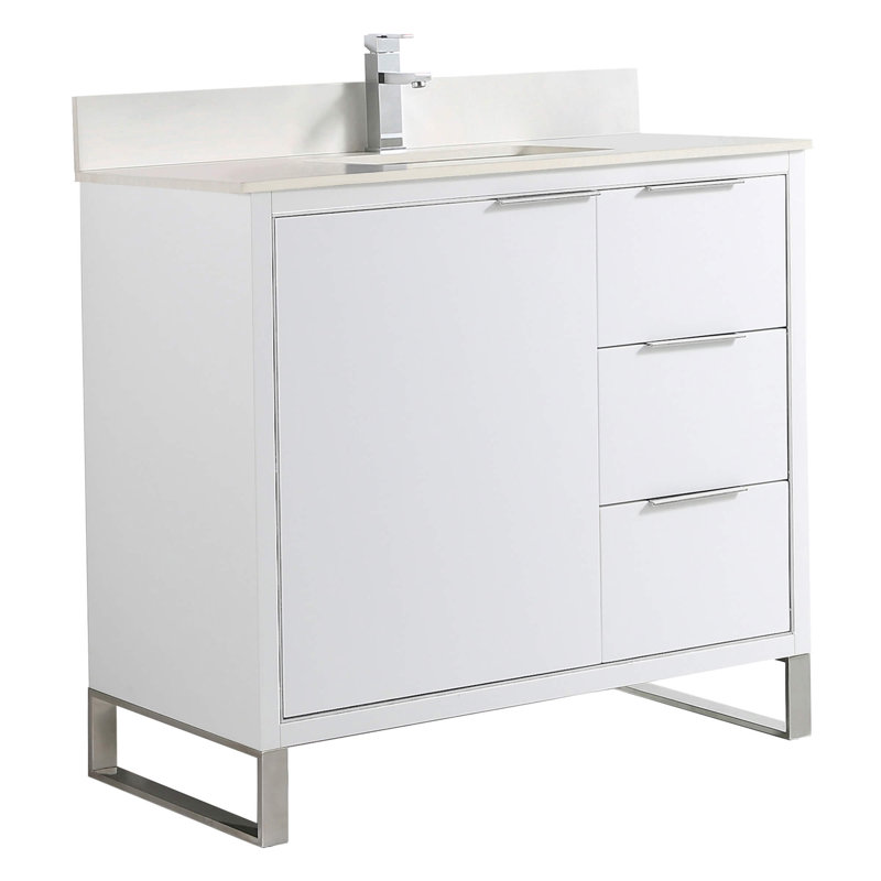 Geselle 36'' Single Bathroom Vanity with Stone Top, Chrome, White Matte