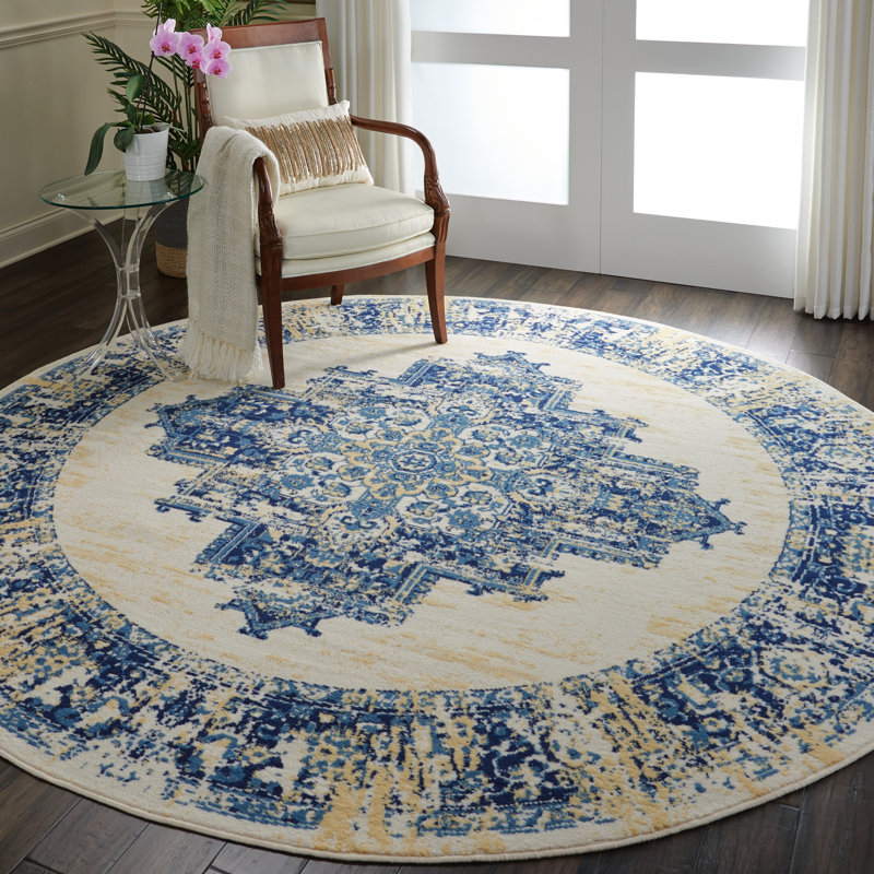 Burnie Oriental Blue/Ivory Area Rug, Round 8'