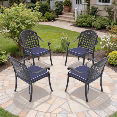 Chaise de patio en aluminium coulé 4 pièces avec cadre noir et coussins bleus
