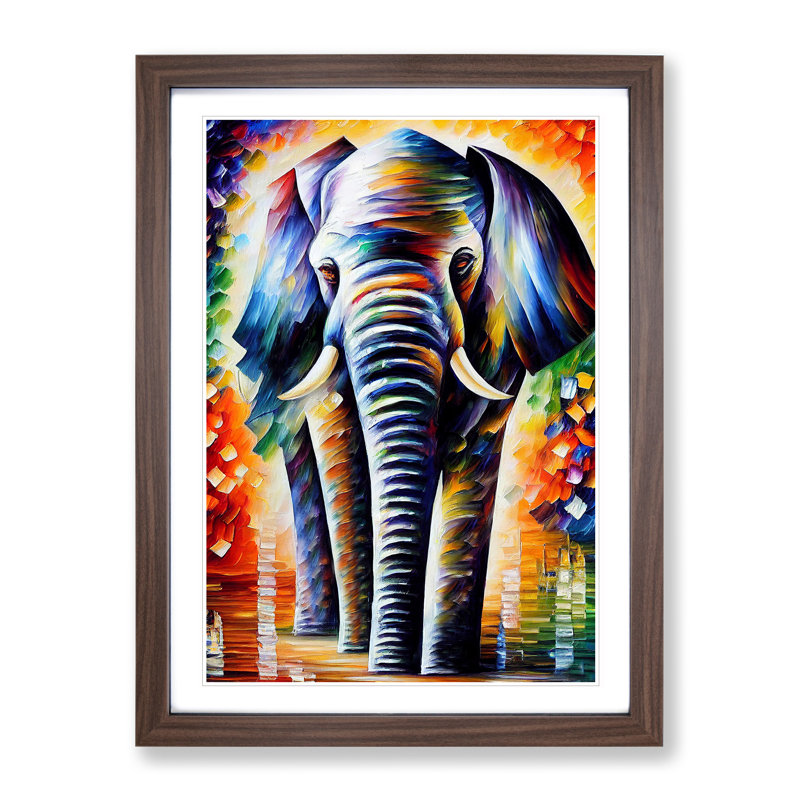 Colourful Elephant No.3 - Single Picture Frame Painting, 64cm H x 46cm W x 2cm D, Walnut