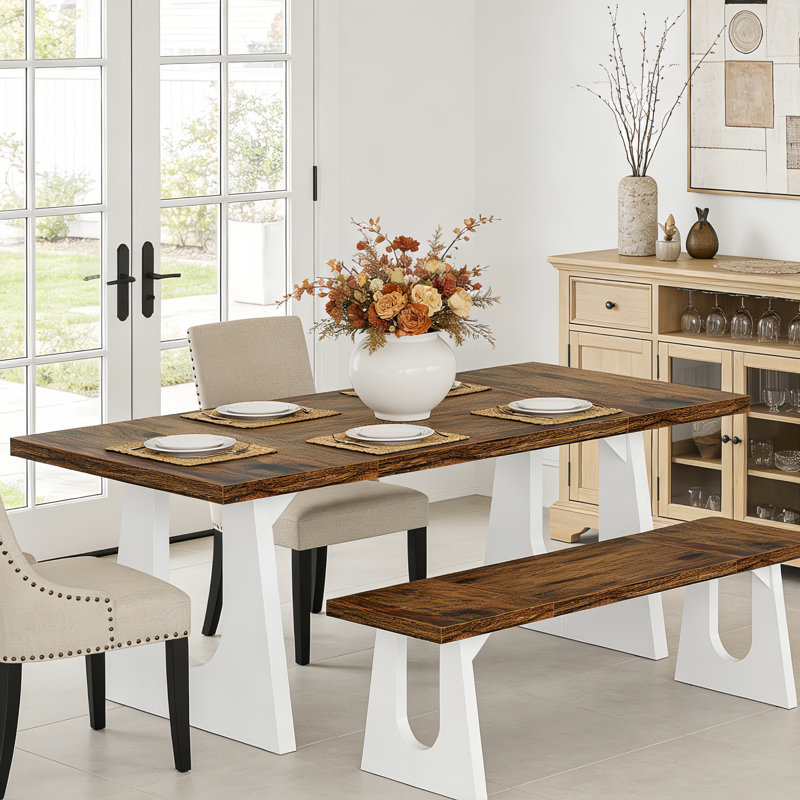 Wood Dining Table For 6-8 People, 70.8" Modern Rectangle Kitchen Table With Wood Base For Dining Room, White, Brown