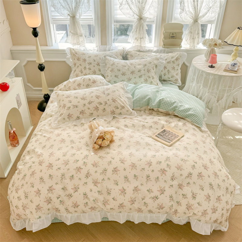 Muti-Floral Pattern Ruffle Laced Cotton Duvet Cover Set, Queen Duvet Cover + 2 Standard Pillowcases, Yellow/Pink Floral