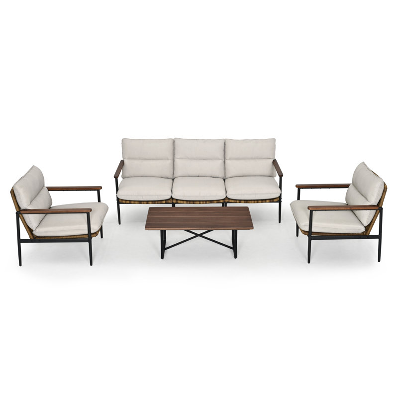 Berklee 4-Piece Aluminum Wicker Patio Conversation Set With 3-Seat Sofa, Coffee Table And Light Gray Cushions