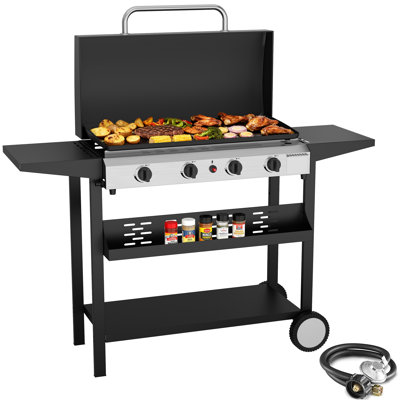 SKOK 4-Burner Portable Flat Top Gas Griddle with Hood, 60,000 BTU Outdoor Propane Griddle Station, 426 Sq. In. Cooking Surface & Side Shelves for BBQ, Camping, Tailgating, Silver
