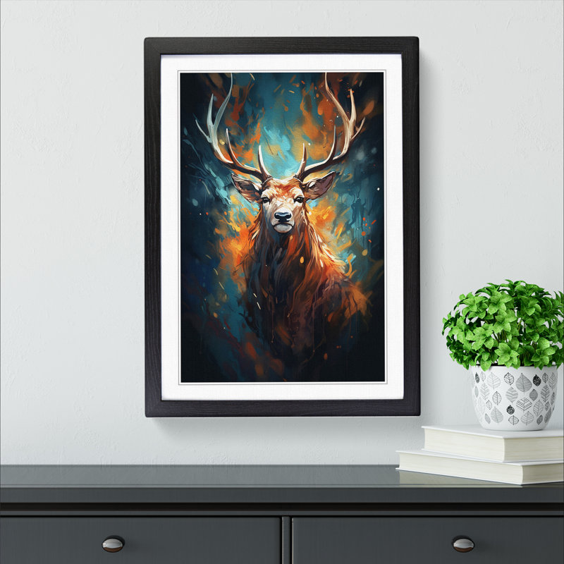 Stag Digital No.2 - Single Picture Frame Print on Wood, 46cm H x 34cm W x 2cm D, Black Framed
