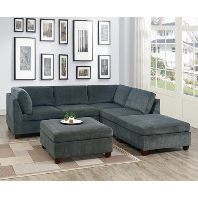 Spacieux canapé modulaire en chenille gris 6 modulaires avec 2 canapés d'angle, fauteuils sans accoudoirs et repose-pieds pour un espace de vie confortable en forme de L 6 pièces
