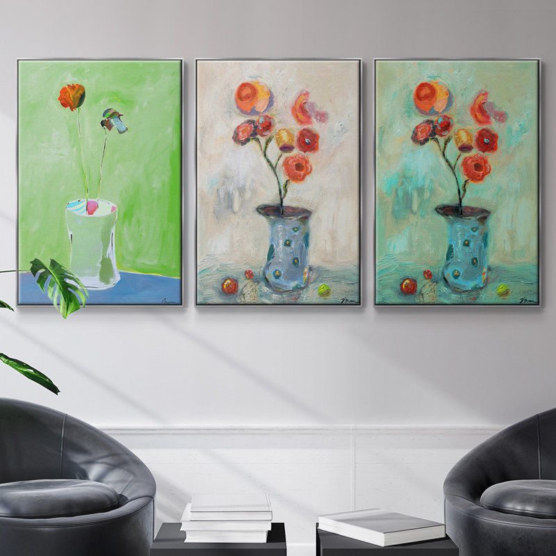 Orange pop encadrée sur toile, 3 pièces, H 27 po x l 54 po x P 2 po, Encadrement argenté