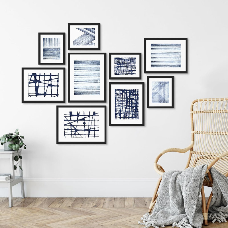 " Navy Ink Brushstroke Abstract Patterns " 9 - Pieces, Black Framed